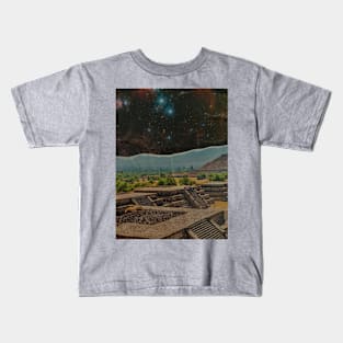 Mayan Temples With Galaxy Sky Collage by Courtney Graben Kids T-Shirt